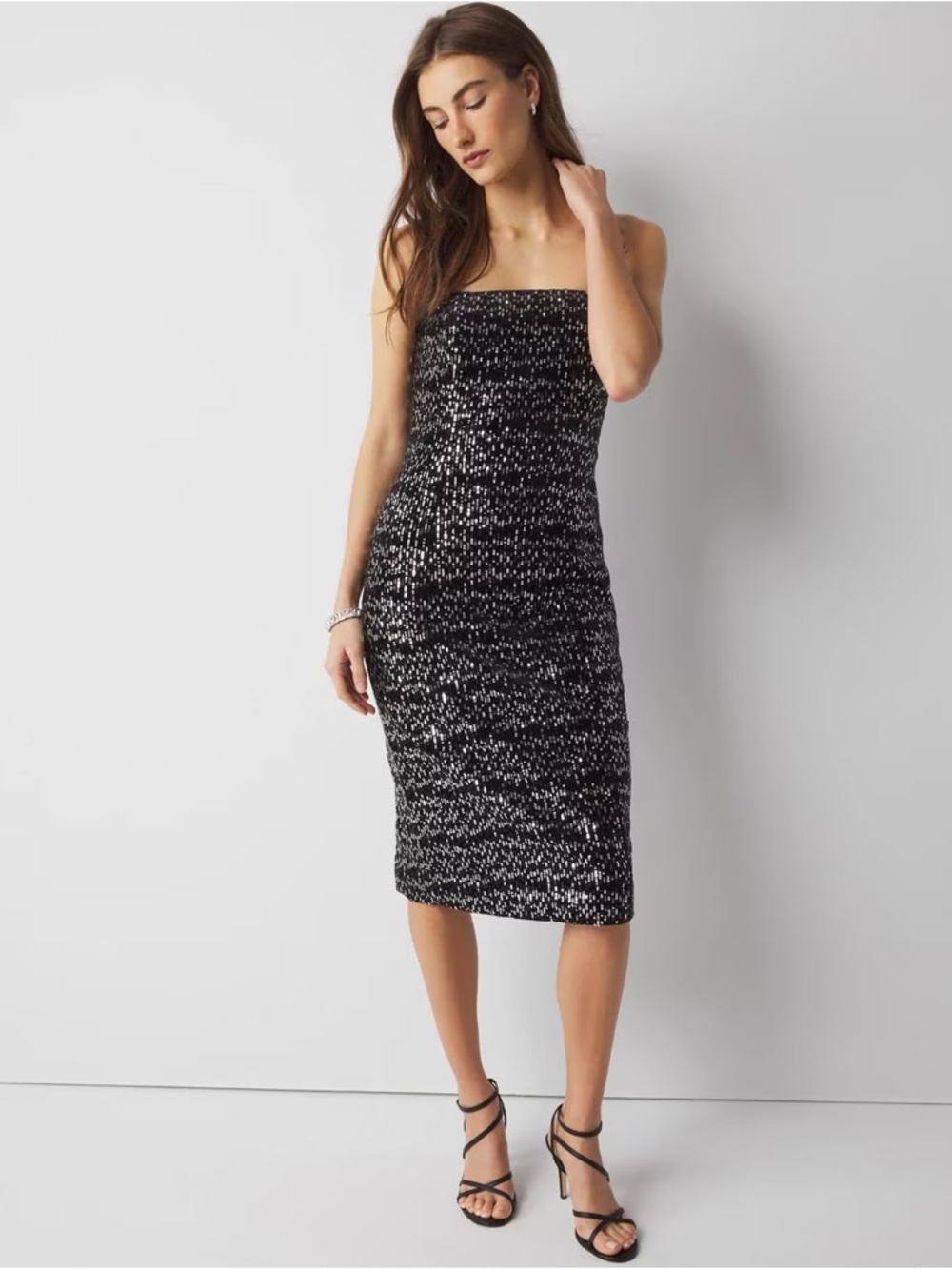 WHBM BLACK & SILVER STRAPLESS SEQUIN DRESS WITH STRAPS